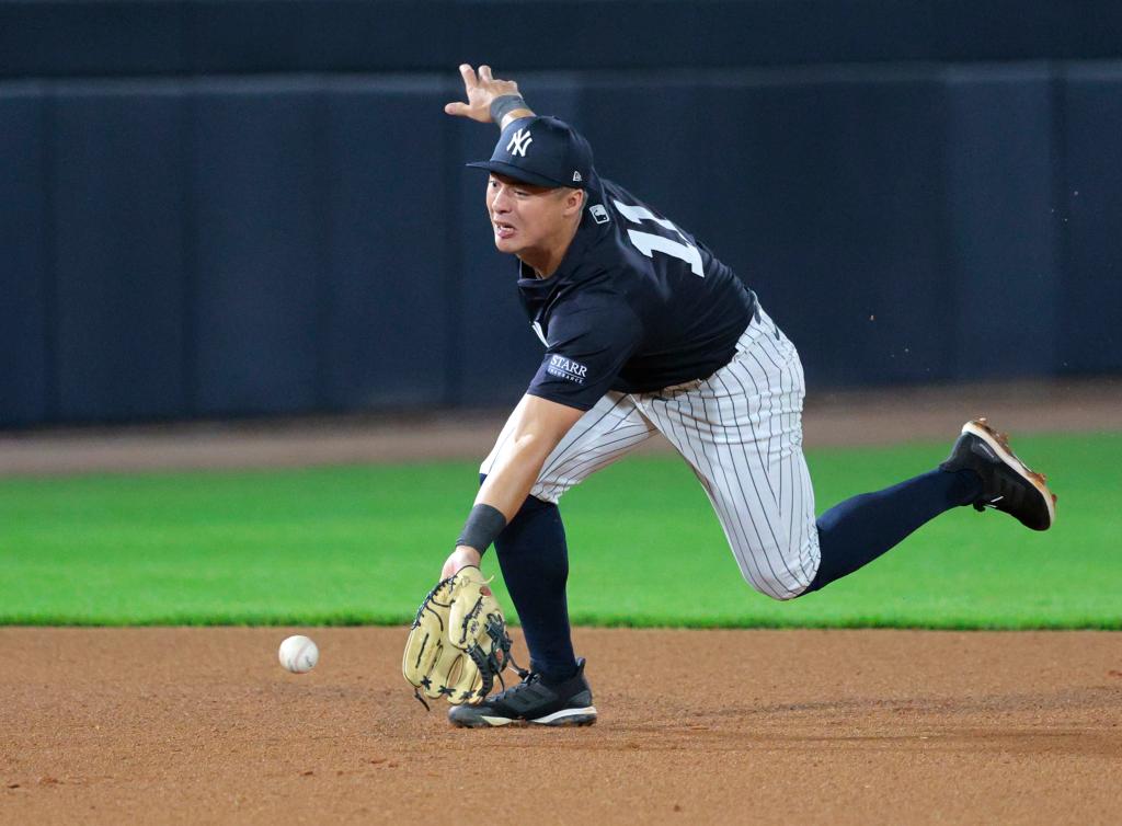 New York Yankees shortstop Anthony Volpe fielding a grounder during a game against the Miami Marlins at Steinbrenner Field in Tampa Florida.