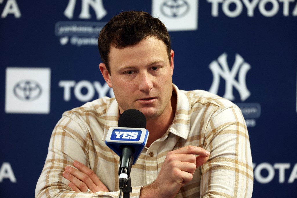 Gerrit Cole, the starting pitcher for New York Yankees, talks to the press during spring training at George M. Steinbrenner Field.