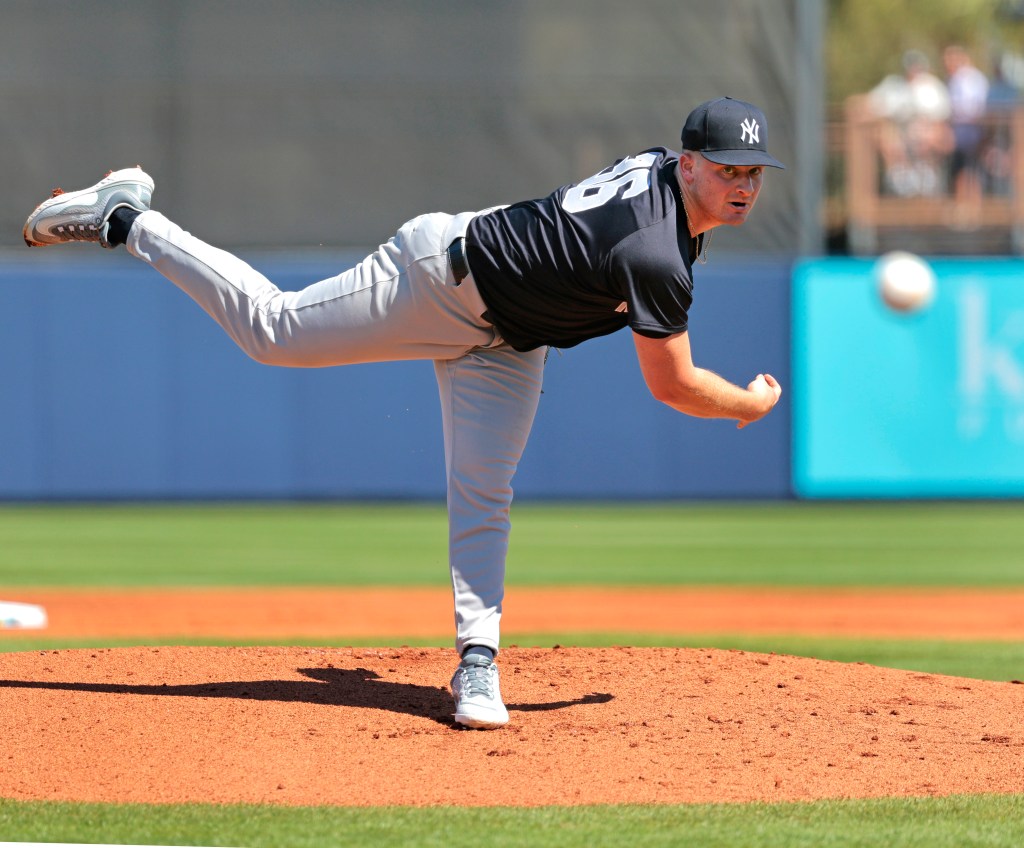 Yankees starting pitcher Clarke Schmidt #36, pitching in the 1st inning.