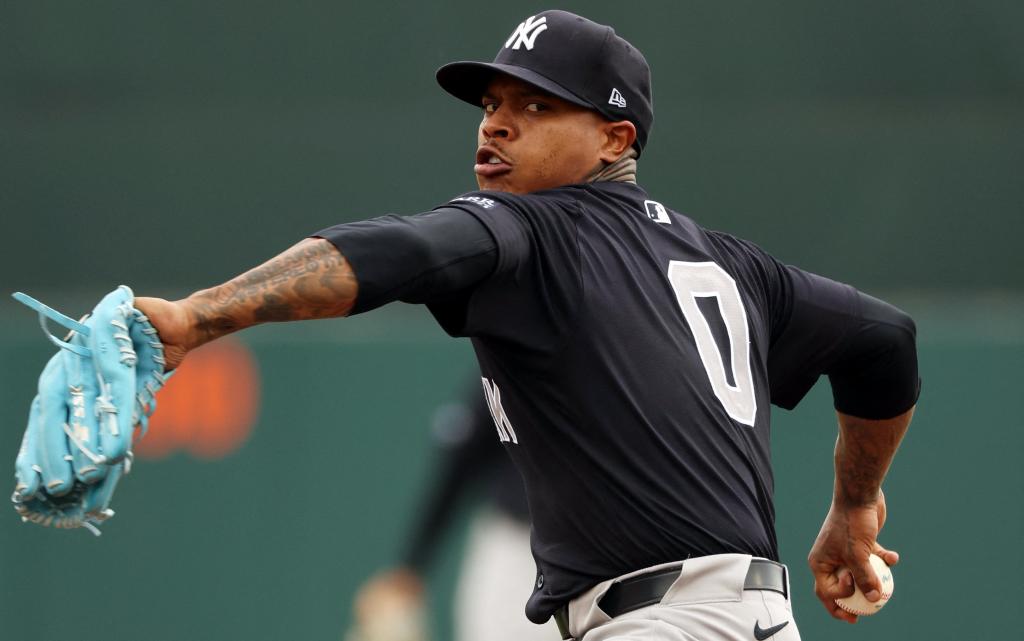 Yankees starting pitcher Marcus Stroman (0) throws a pitch during the first inning against the Baltimore Orioles