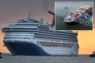 carnival cruise ship with an inset picture of ship colliding with Francis Scott Key Bridge