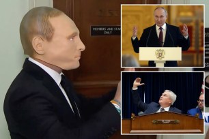 rep in putin mask with inset of putin and gop 