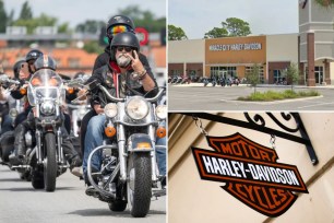 A group of people riding Harley Davidson motorcycles