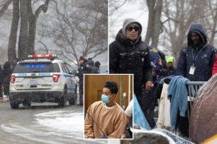 People walking in the snow on Randall's Island. Includes Romário de Souza Faria Filho.