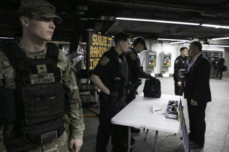 MTA PD, alongside the NYPD, National Guard, and NYS Troopers, conduct random bag checks at Grand Central Station at the 4,5,6 subway line, in Manhattan, NY on March 13, 2024, during the 7:30-9:30am rush hour.