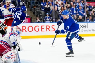 Matt Rempe, grappling with Ryan Reaves (inset) and the Rangers fought hard but fell 4-3 in a shootout to the Maple Leafs after Max Domi beat Igor Shesterkin for the game-winner.