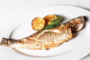 grilled branzino fish with dill and lemon one the white plate