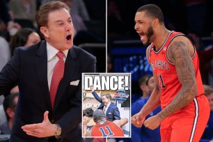 Rick Pitino exhorts his St. John's team; Joel Soriano celebrates during a win over Seton Hall; St. John's on the Post back page