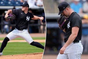 The Yankees' Carlos Rodon pitches (left) and walks off the mound during a spring training start against the Rays.