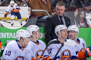 Patrick Roy looks down the Islanders bench; Mat Barzal skates with the puck