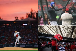 The Yankees' Luis Serna pitches in a Mexico City exhibition; Giancarlo Stanton embraces a local wrestling look; Diablos Rojos fans