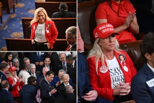 Rep. Marjorie Taylor Greene (R-Ga.) donned a Make America Great Again hat and shirt honoring slain Georgia nursing student Laken Riley as President Biden delivered his State of the Union address Thursday.