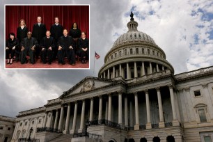 Members of the Supreme Court including Samuel Alito, Brett Kavanaugh, Neil Gorsuch, John Roberts, Sonia Sotomayor, Elena Kagan, and Clarence Thomas sitting in front of a building.