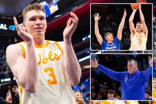 Dalton Knecht (left and top-inset), who scored 24 points, celebrates after Tennessee's 82-75 Sweet 16 win over Creighton, led by coach Doug McDermott (bottom-inset).