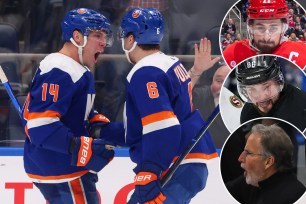 Bo Horvat celebrates an Islanders goal; inset, from top right: the Red Wings' Dylan Larkin, the Lightning's Nikita Kucherov, Flyers coach John Tortorella