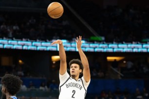 am Johnson, who scored 13 points, shoots a jumper during the Nets' 114-106 loss to the Magic.