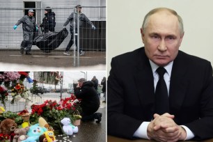 A collage of multiple images featuring a man in a suit, presumed to be Putin