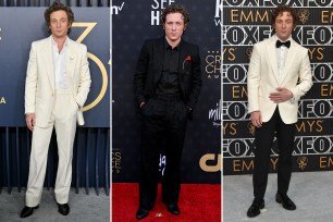 3 photos Jeremy Allen White in various suits at events.