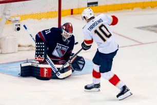 Igor Shesterkin makes the game-ending save on Vladimir Tarasenko in the shootout to give the Rangers a 4-3 win over the Panthers.