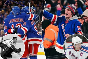 The Rangers celebrate a goal against the Bruins; a Rangers fan celebrates at MetLife Stadium; inset: Ed Giacomin, Jaramir Jagr