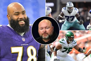 Morgan Moses (left), Tyron Smith (top right) and Alijah Vera-Tucker (bottom right) of the Jets offensive line; inset: GM Joe Douglas