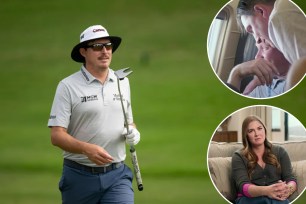 Joel Dahmen, his caddie Geno Bonnalie and wife Lona