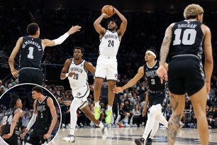 Nets' Cam Thomas not on court for final shot.