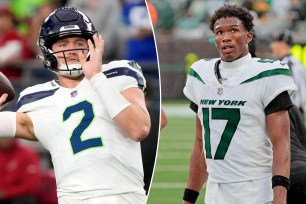 Drew Lock warms up before a Seahawks game; Garrett Wilson stands on the Jets sideline