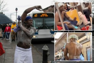 collage of man bathing on mta