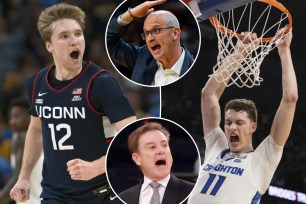 Cam Spencer (left), Ryan Ryan Kalkbrenner (right), Dan Hurley (top inset) and Rick Pitino (bottom inset)