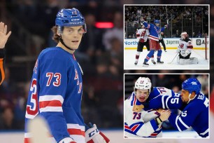 Matt Rempe looks on during a Rangers game; Rempe screens the Devils goalie; Rempe fights Ryan Reaves