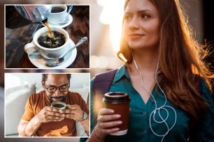 man drinking coffee; coffee being poured; woman with coffee