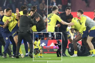 After the game between Trabzonspor and Fenerbahce in the Turkish Super League, Trabzonspor fans entered the field and attacked Fenerbahce players.