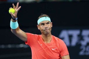 Rafael Nadal of Spain waves to the crowd in his match against Dominic Thiem of Austria during the Brisbane International tennis tournament in Brisbane, Australia, Tuesday, Jan. 2, 2024.