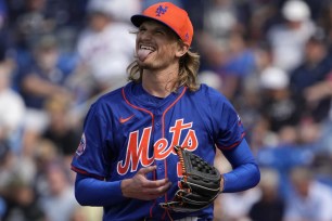 Phil Bickford, sticking out his tongue during an outing earlier this spring, pitched a scoreless inning in the Mets' 6-3 exhibition win over the Marlins.