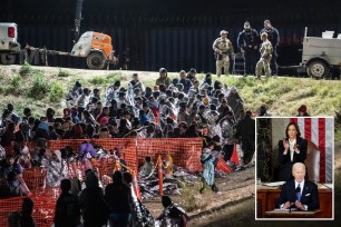 Collage of migrants and Joe Biden