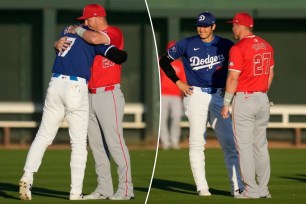 Shohei Ohtani and Mike Trout greet each other