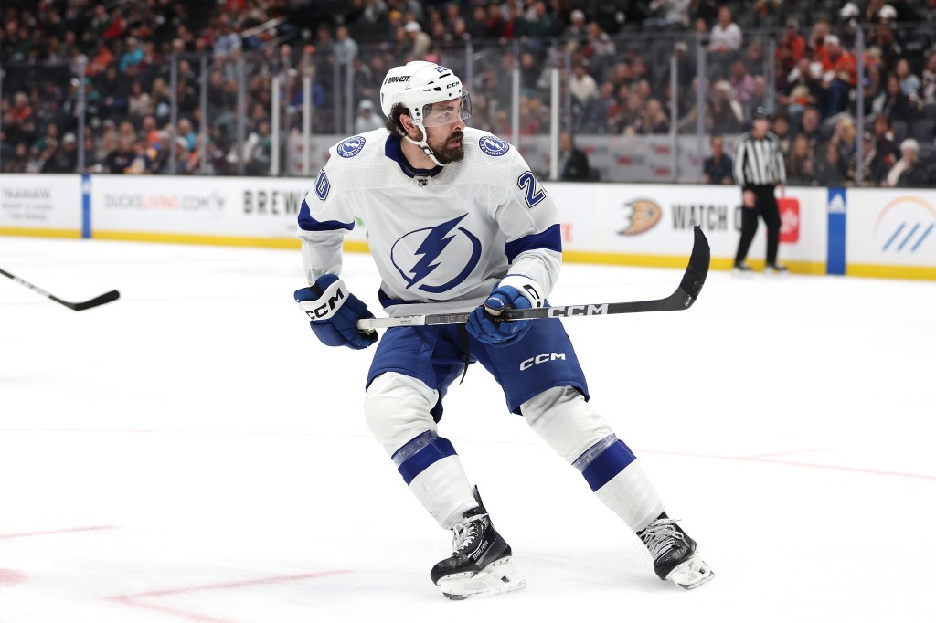 Nicholas Paul #20 of the Tampa Bay Lightning skates to the puck during the first period of a game against the Anaheim Ducks.