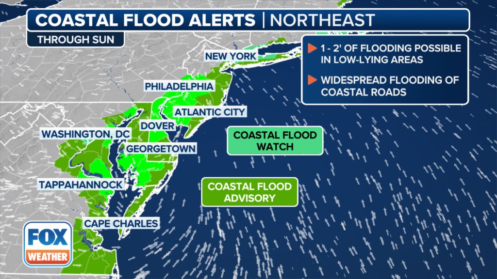 A map of the north eastern coast of the United States showing areas from New York to Virginia that are under coastal flood watches and advisories.