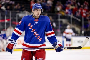 New York Rangers Defenseman Ryan Lindgren (55) is pictured prior to the National Hockey League game between the Florida Panthers and the New York Rangers on March 4, 2024.