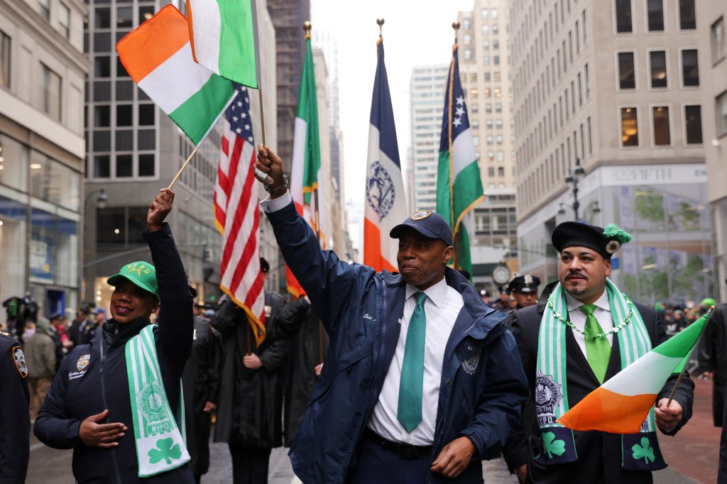 Then-NYPD Commissioner Keechant Sewell and NYC Mayor Eric Adams attend the St. Patrick's Day Parade on 5th Avenue on March 17, 2022.