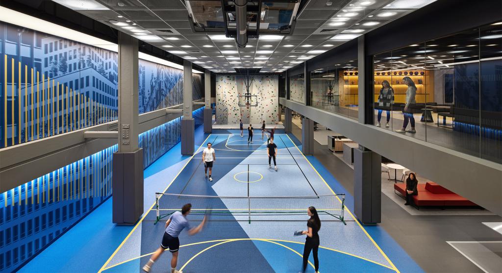 People playing indoor pickleball in the Seagram Building athletic facilities. 