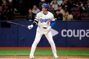 Shohei Ohtani #17 of the Los Angeles Dodgers bats during the 2024 Seoul Series game between the Team Korea and the Los Angeles Dodgers at Gocheok Sky Dome.