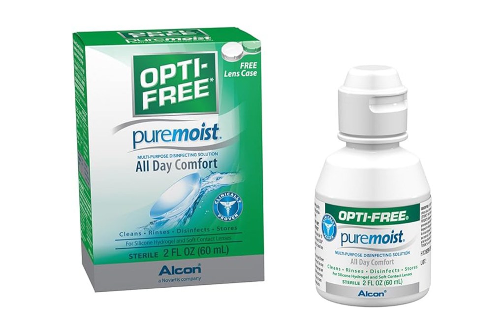 A bottle of opti-free liquid next to a box.