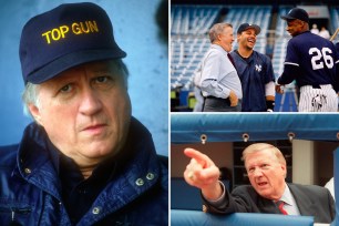 A composite photo: Three pictures of George Steinbrenner. From the left, wearing a Top Gun hat; chatting with a player, and pointing a finger
