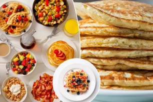 Collage of pancakes and waffles on a table, representing the fluctuating popularity of pancakes and steady popularity of waffles year-round.