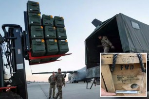 Troops hauling equipment meant for Ukraine.