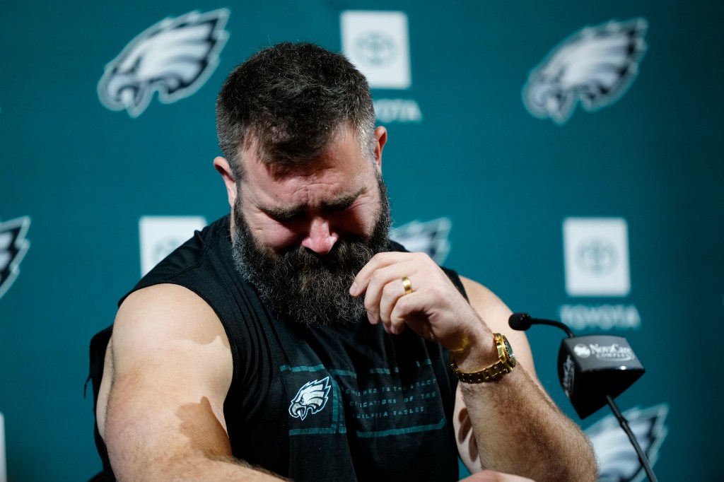 Jason Kelce held back tears upon announcing his NFL retirement on March 4, 2024. 