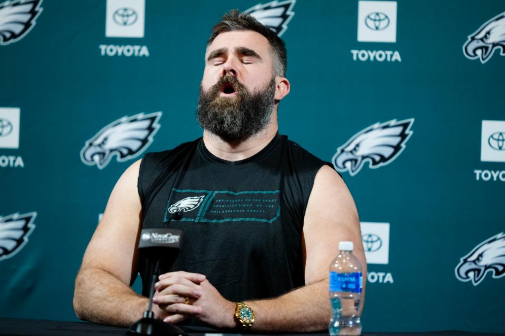 Eagles' Jason Kelce speaks during an NFL football press conference announcing his retirement