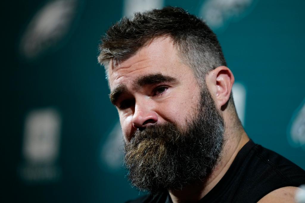 Eagles' Jason Kelce speaks during an NFL football press conference announcing his retirement